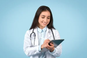 Foto de uma profissional da saúde recém-formada sorrindo, utilizando a plataforma de agendamento virtual da BurnUp pelo tablet.