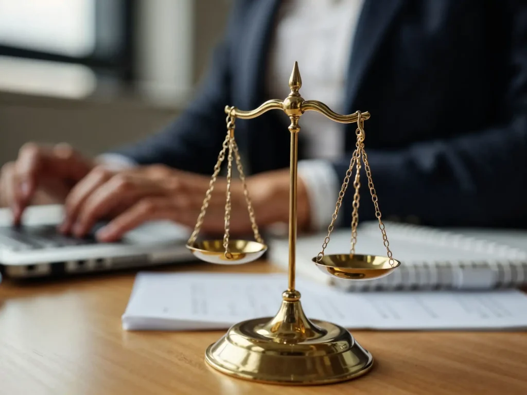 Foto de uma balança da justiça de ouro em frente a uma pessoa de terno digitando em um laptop em um escritório, representando a obrigação legal das empresas de mapear os riscos psicossociais.