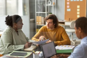 Foto de três colaboradores, de gêneros, idades e etnias diferentes, discutindo a gestão de saúde mental corporativa enquanto analisam os dados coletados e gerados pelo mapeamento inteligente.